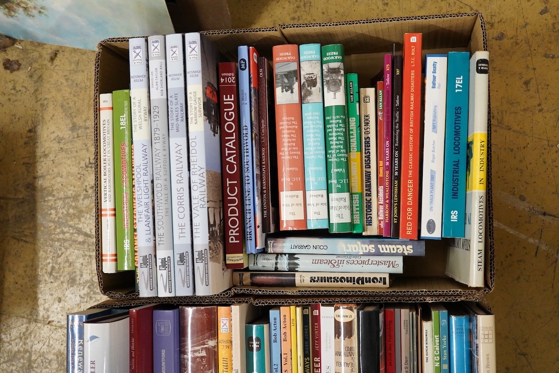Four boxes of railway and engineering related books, subjects include; Welsh Railways, the Saab-Scania story, steam locomotives, articulated locomotives, LSWR locomotives, the Isle of Man Railway, etc., publishers includ